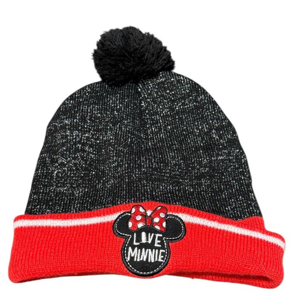 Disney Minnie Mouse Live Minnie Embroidered Knit Beanie Hat With Pom Black & Red